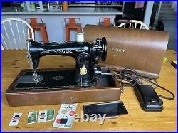 HEAVY-DUTY Singer 15 Sewing Machine 1953 Bentwood Wood Case Leather Pedal